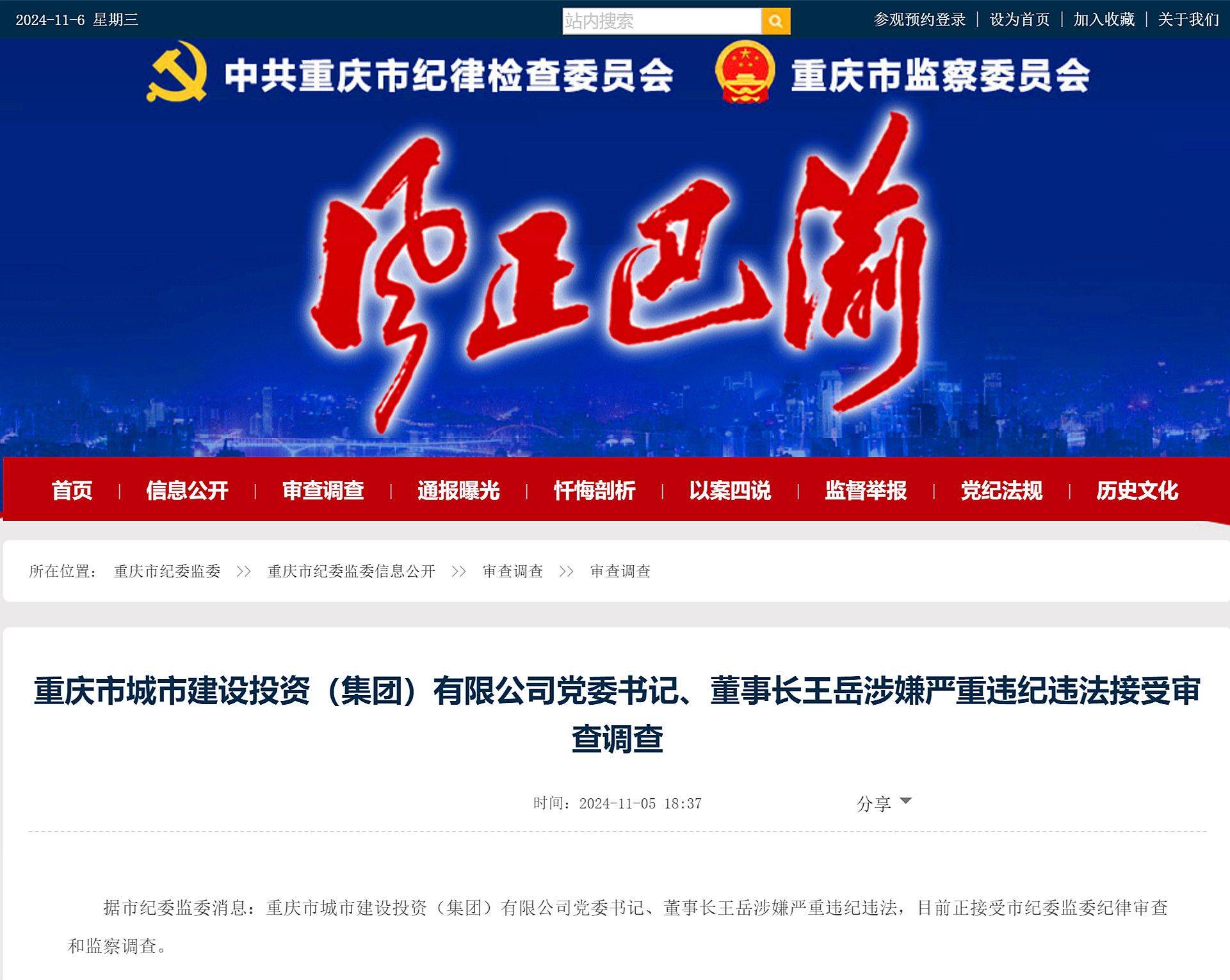 重庆市城市建设投资(集团)有限公司党委书记、董事长王岳被查