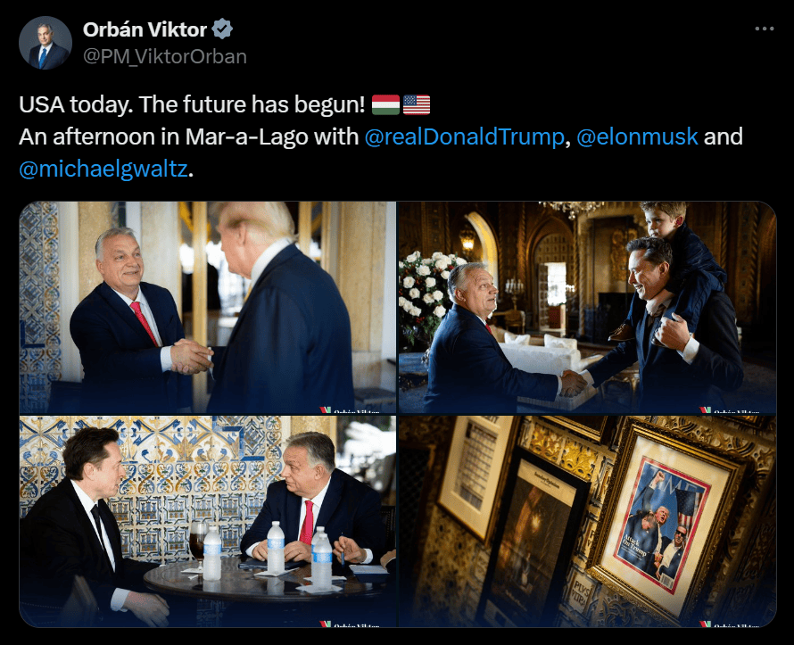 外媒:匈牙利总理欧尔班发帖,称其在海湖庄园与特朗普、马斯克会面