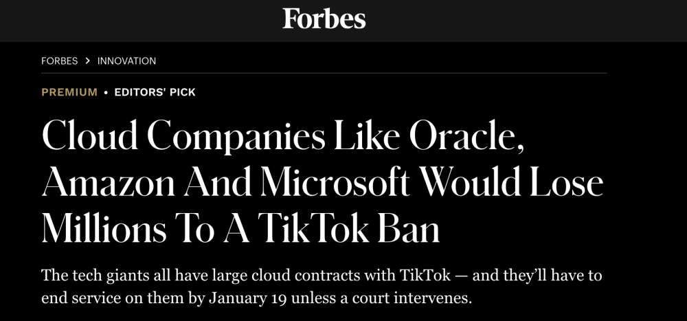 美科技巨头甲骨文警告:封禁法律生效后,将停止托管TikTok用户数据